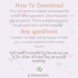 May include: A digital download product image with text that reads "How To Download" and "Any questions". The image is on a light purple background with heart shapes. The text also says "Don't forget to favourite this item and our shop".