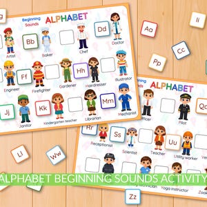 May include: Educational alphabet activity set featuring two boards with colorful illustrations of various professions, each paired with a letter. Includes individual letter tiles for matching, promoting early literacy and phonics skills.