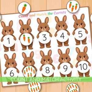 Peut inclure: Un jeu éducatif pour enfants avec des lapins de dessin animé tenant des cercles numérotés. Le jeu s'intitule "Count and Match the Carrots" et comprend des illustrations de carottes à associer. Les chiffres de 1 à 10 sont affichés, avec le texte "COUNT AND MATCH ACTIVITY."
