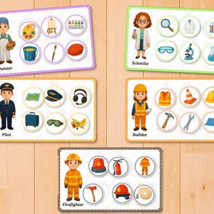 May include: Educational flashcards featuring illustrations of various professions. Includes a painter with art supplies, a scientist with lab equipment, a pilot with travel items, a builder with tools, and a firefighter with safety gear.