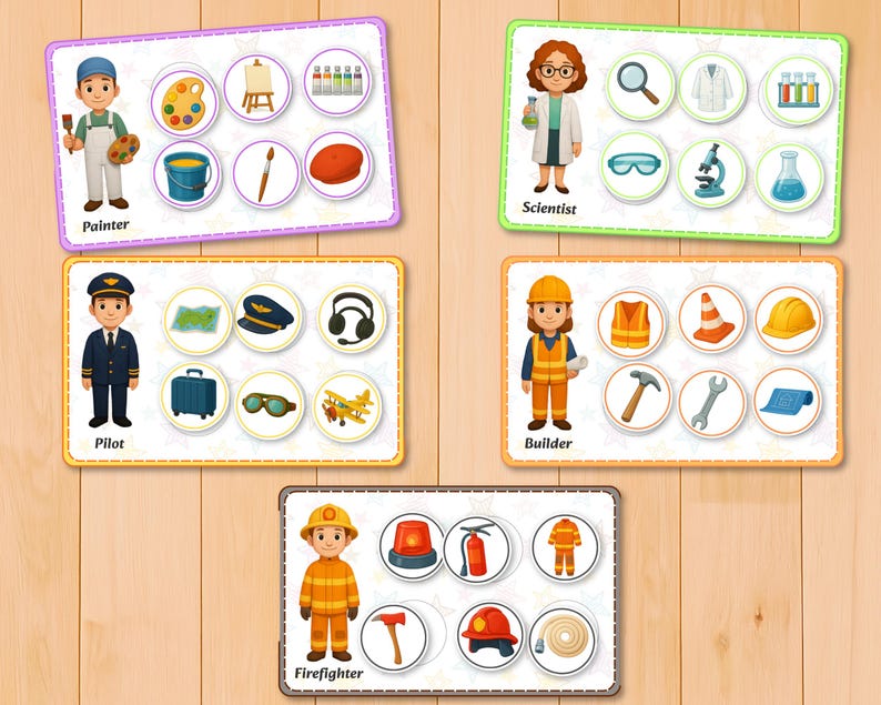 May include: Educational flashcards featuring illustrations of various professions. Includes a painter with art supplies, a scientist with lab equipment, a pilot with travel items, a builder with tools, and a firefighter with safety gear.