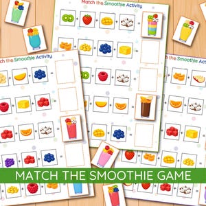 Op de afbeelding: Educatieve spelvellen en kaarten met een "Match the Smoothie"-activiteit. De vellen tonen smoothie-ingrediënten zoals aardbeien, mango's en bosbessen. Kleurrijke smoothie-illustraties zijn ook inbegrepen.