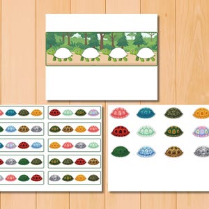 May include: A printable activity sheet featuring a horizontal row of four green turtles with blank white shells against a forest background, accompanied by two additional sheets displaying various colorful turtle shell patterns in rows.