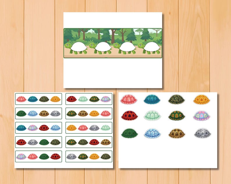 May include: A printable activity sheet featuring a horizontal row of four green turtles with blank white shells against a forest background, accompanied by two additional sheets displaying various colorful turtle shell patterns in rows.