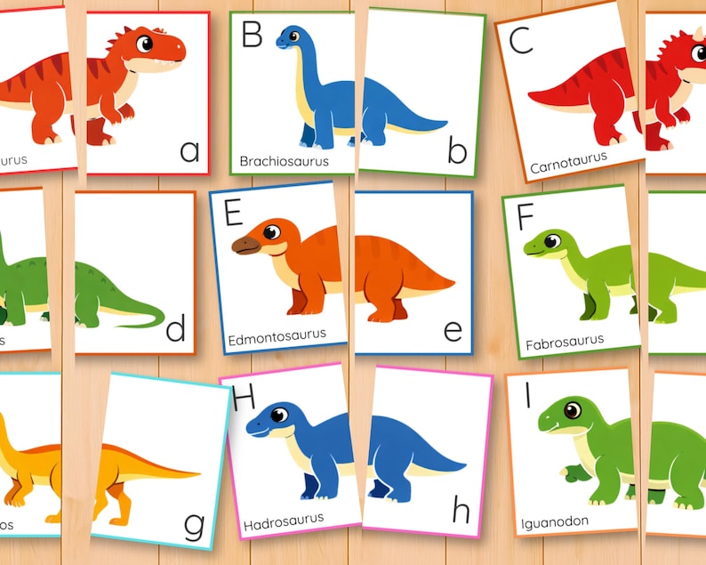 Dinosauriealfabetet och bokstavsigenkänning pusselaktivitet, versaler gemener matchning, parmatchning, ABC-kort bild 5