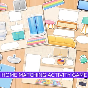 Puede incluir: Un colorido juego de actividades de combinación de casas con varios artículos para el hogar como un inodoro, un lavabo, una ducha y muebles. El juego incluye un sofá amarillo, un televisor y una lámpara. El texto "HOME MATCHING ACTIVITY GAME" se muestra en una pancarta púrpura.