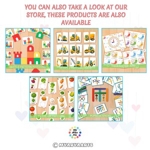 May include: A collection of educational games for children, including castle pattern matching, vehicle matching, telling the time, close-up matching, and popsicle sticks. The text "YOU CAN ALSO TAKE A LOOK AT OUR STORE, THESE PRODUCTS ARE ALSO AVAILABLE" is at the top.