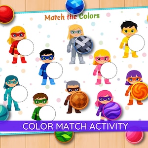 Peut inclure: Un jeu éducatif coloré avec des super-héros de dessins animés. Le jeu présente des super-héros de différentes couleurs, chacun avec un cercle correspondant. Le texte "Match the Colors" et "COLOR MATCH ACTIVITY" sont visibles.