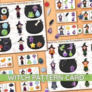May include: A witch pattern card activity set featuring multiple black cauldrons, illustrated witches, and various small cut-out icons including eyeballs, frogs, crystals, mushrooms, and bones, designed for matching objects to the cauldrons.