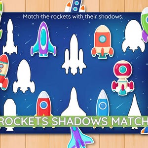 Könnte beinhalten: Ein blaues Lernarbeitsblatt mit dem Text Match the rockets with their shadows und ROCKETS SHADOWS MATCH. Das Blatt zeigt verschiedene bunte Raketenillustrationen und die dazugehörigen weißen Silhouetten auf einem sternenklaren Hintergrund.