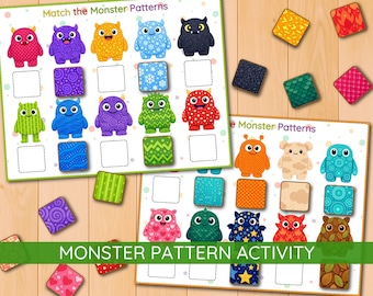 May include: A monster pattern matching activity set featuring two printed game boards with colorful cartoon monsters and various patterned square tiles. The boards display the text Match the Monster Patterns and Monster Pattern Activity.