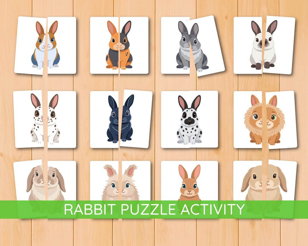 Rabbit Puzzle Matching Activity, Cut and Match Animals Game, Symmetry ...