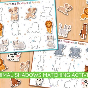 May include: Educational activity sheets with colorful animal illustrations and matching shadows. The sheets feature various animals like dogs, lions, cats, and elephants. The text "Match the Shadows of Animal" and "ANIMAL SHADOWS MATCHING ACTIVITY" are visible.