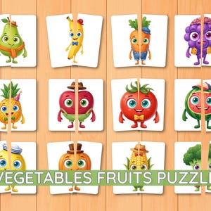 Può includere: Un set di dodici carte abbinabili in due pezzi raffiguranti frutta e verdura in stile cartone animato con volti, tra cui una pera, banana, carota, uva, ananas, mela, pomodoro, anguria, limone, zucca, mais e broccoli. Il testo recita VEGETABLES FRUITS PUZZLE.