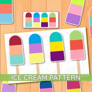 Può includere: Un set di ritagli a forma di ghiacciolo con varie combinazioni di tre colori. La collezione include una carta rettangolare che mostra quattro distinti disegni di ghiaccioli e il testo ICE CREAM PATTERN in lettere maiuscole bianche.