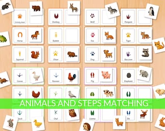 Animal Tracks Matching Cards, Animals Footprints Game, Montessori Nature Activity for Kids, preschool curriculum