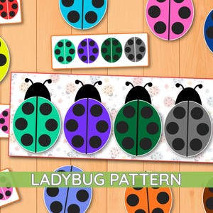 Puede incluir: Una colección de tarjetas educativas con temática de mariquitas en varios colores, incluyendo verde azulado, morado, verde, gris, rosa, azul, amarillo, naranja y marrón. Las tarjetas muestran mariquitas con puntos negros y el texto LADYBUG PATTERN.
