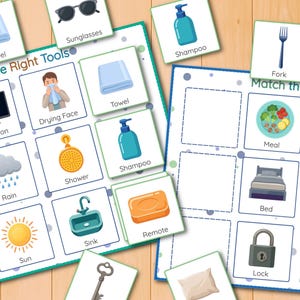 May include: Educational matching game with illustrated cards. The game features cards with images of everyday objects like a television, shampoo, and a bed. The text "Match the Right Tools" is visible on the game board. The game is designed for learning and fun.