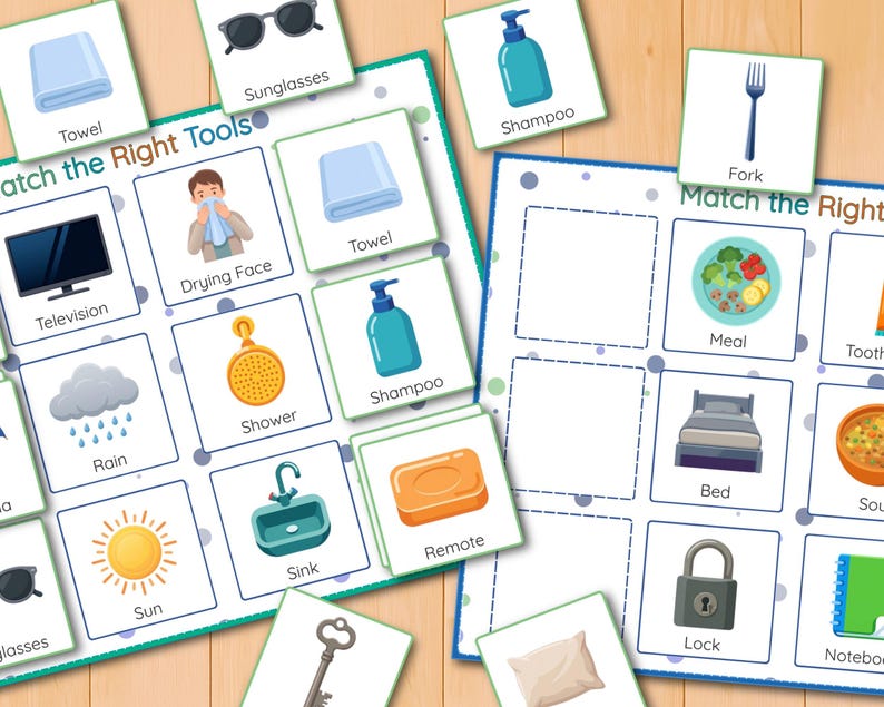 May include: Educational matching game with illustrated cards. The game features cards with images of everyday objects like a television, shampoo, and a bed. The text "Match the Right Tools" is visible on the game board. The game is designed for learning and fun.
