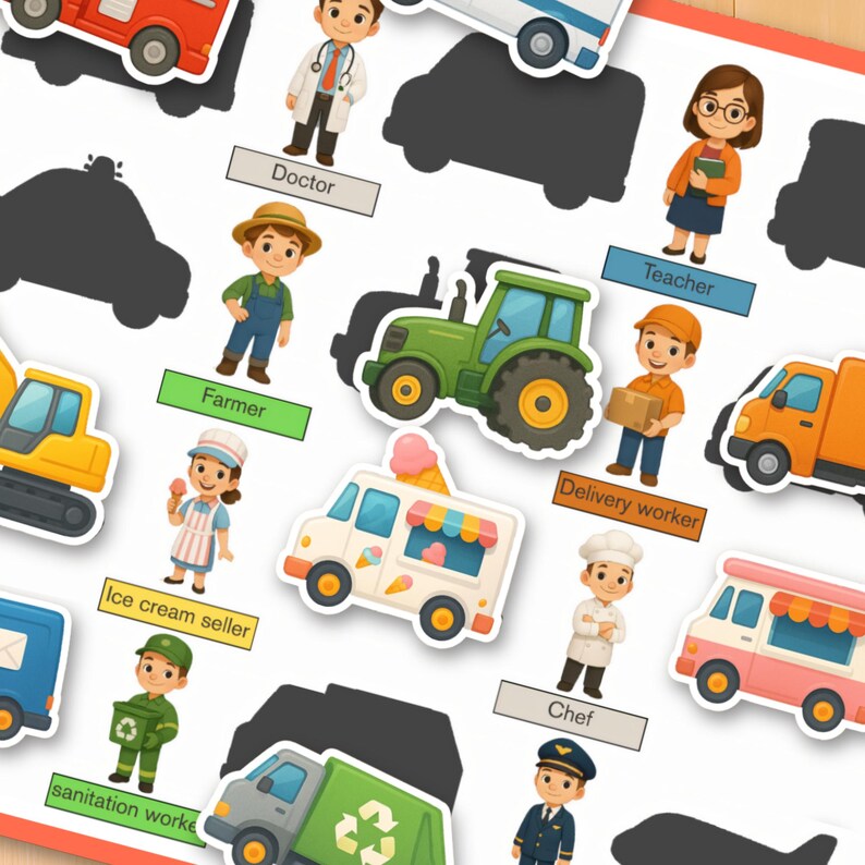 May include: A set of colourful cartoon illustrations depicting different professions, such as a doctor, teacher, farmer, delivery worker, chef, and sanitation worker. Each image has a white border and a matching vehicle silhouette.