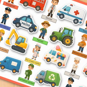 May include: A sheet of colourful stickers depicting various professions and their associated vehicles. Includes a firefighter, police officer, doctor, farmer, ice cream seller, chef, and sanitation worker. Each sticker has a label with the job title.