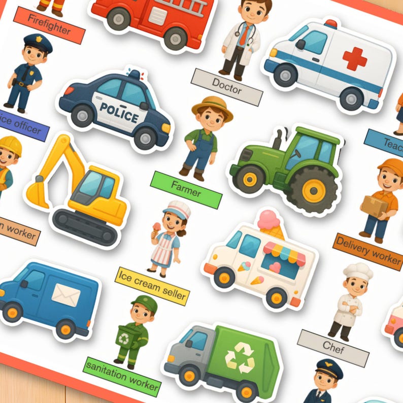 May include: A sheet of colourful stickers depicting various professions and their associated vehicles. Includes a firefighter, police officer, doctor, farmer, ice cream seller, chef, and sanitation worker. Each sticker has a label with the job title.