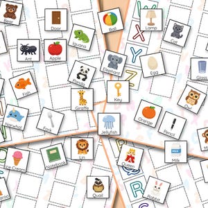 May include: A collection of educational flashcards featuring illustrations of animals, objects, and food. Each card displays a picture and the corresponding word, like "Bear," "Dog," and "Apple." These cards are designed for early learning and alphabet recognition.