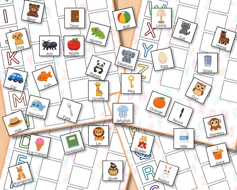 May include: A collection of educational flashcards featuring illustrations of animals, objects, and food. Each card displays a picture and the corresponding word, like "Bear," "Dog," and "Apple." These cards are designed for early learning and alphabet recognition.