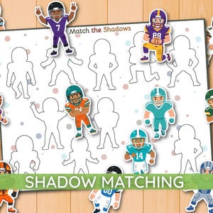 Könnte beinhalten: Ein druckbares Arbeitsblatt mit dem Titel Match the Shadows, das verschiedene Cartoon-Footballspieler in unterschiedlichen Uniformen und Posen zeigt, mit entsprechenden leeren schwarzen Umrissen, um jeden Spieler der richtigen Schattenform zuzuordnen.