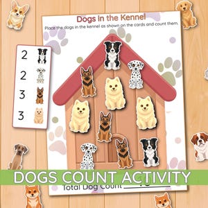 Op de afbeelding: Een Dogs in the Kennel telwerkblad met een centrale afbeelding van een houten hondenhok met een rood dak. Het blad bevat tekstinstructies, diverse hondenstickers en een verticale kolom met de cijfers 2 en 3.