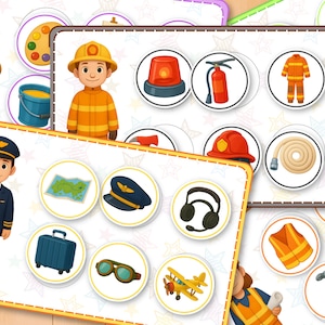 May include: Educational game featuring illustrations of various professions. Includes a firefighter, pilot, and painter, along with related objects such as a fire alarm, map, and paint palette. The game is designed with a colorful and engaging aesthetic.