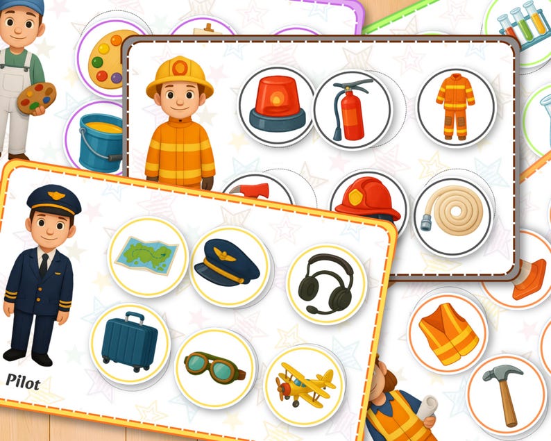 May include: Educational game featuring illustrations of various professions. Includes a firefighter, pilot, and painter, along with related objects such as a fire alarm, map, and paint palette. The game is designed with a colorful and engaging aesthetic.