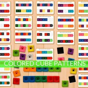 Pode incluir: Materiais educativos com padrões de cubos coloridos. A imagem inclui cartões com padrões e cubos coloridos correspondentes em várias cores. O texto "COLORED CUBE PATTERNS" é exibido.
