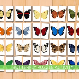May include: A collection of butterfly puzzles on white cards, each divided in two. The butterflies are in various colours, including yellow, orange, blue, and red. The text "BUTTERFLY PUZZLE ACTIVITY" is at the bottom in green.