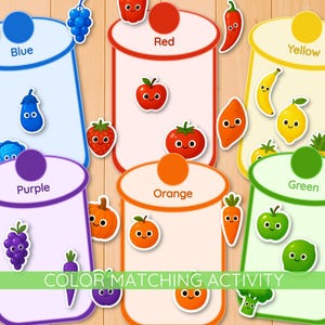 May include: A color matching activity featuring cards labeled Blue, Red, Yellow, Green, Orange, and Purple. Each card has illustrations of fruits and vegetables in corresponding colors. The text "COLOR MATCHING ACTIVITY" is displayed at the bottom.