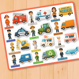 May include: A vibrant educational toy with illustrations of community helpers and their vehicles. Includes a firefighter, police officer, doctor, teacher, farmer, delivery worker, construction worker, ice cream seller, chef, mail carrier, sanitation worker, and pilot.