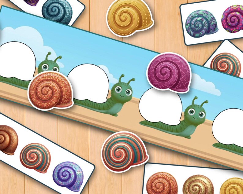 May include: A matching game featuring cartoon green snails with blank white shell spaces and various colorful, patterned snail shell cutouts. The game includes multiple snail shell designs in shades of brown, purple, blue, and orange, displayed on rectangular cards and as individual pieces.
