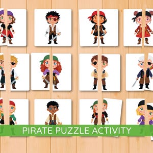 May include: A wooden surface displays a pirate-themed puzzle activity. The puzzle features illustrated pirate characters, each split into two pieces. The characters wear pirate attire, including bandanas, eye patches, and swords. The text "PIRATE PUZZLE ACTIVITY" is at the bottom.