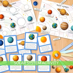 May include: Educational solar system activity set featuring colorful planet cards, diagrams, and a central sun component. Includes illustrations of planets like Earth, Mars, and Saturn, with related facts. The set is designed for learning and play.