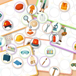 May include: A colorful educational game featuring illustrated circles with various professions and related objects. Includes a firefighter's helmet, a lab coat, a paint palette, and a pilot's uniform. The game is designed for learning and fun.