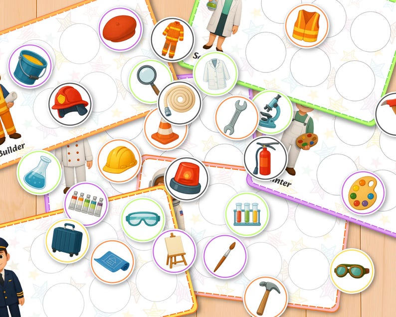 May include: A colorful educational game featuring illustrated circles with various professions and related objects. Includes a firefighter's helmet, a lab coat, a paint palette, and a pilot's uniform. The game is designed for learning and fun.