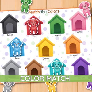 Op de afbeelding: Een Match the Colors educatief werkblad met een witte achtergrond en paarse stippen. Het toont twaalf gekleurde hondenhokken in zwart, rood, groen, roze, blauw, geel, oranje, grijs, bruin, groenblauw en paars, met bijpassende cartoonhonden.