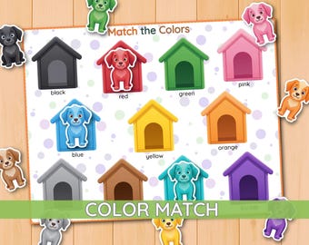 May include: A Match the Colors educational activity sheet featuring a white background with purple polka dots. It displays twelve colorful doghouses in black, red, green, pink, blue, yellow, orange, gray, brown, teal, and purple, with matching cartoon dogs.