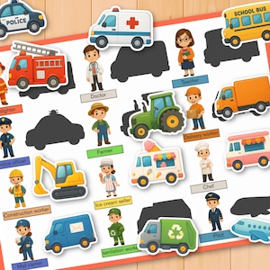 May include: An educational game with illustrations of community helpers and vehicles. Includes a police car, ambulance, fire engine, school bus, tractor, and more. Each illustration is paired with a shadow and a label identifying the profession.