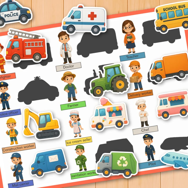 May include: An educational game with illustrations of community helpers and vehicles. Includes a police car, ambulance, fire engine, school bus, tractor, and more. Each illustration is paired with a shadow and a label identifying the profession.