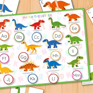 Dinosauriealfabetet och bokstavsigenkänning pusselaktivitet, versaler gemener matchning, parmatchning, ABC-kort bild 12