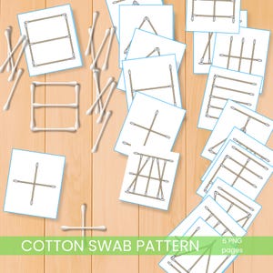 May include: A collection of white cotton swabs and printed patterns on white paper. The patterns use cotton swabs to form shapes and designs. The text "COTTON SWAB PATTERN" is visible at the bottom of the image.