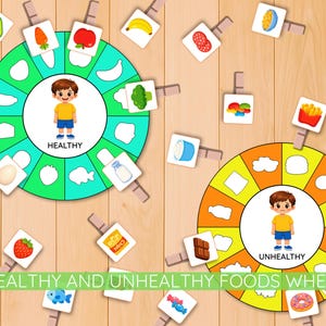 Può includere: Gioco educativo con due ruote circolari con le etichette "Sano" e "Non sano". La ruota sana è verde e quella non sana è arancione. Ogni ruota ha illustrazioni di cibo, come un avocado, una mela e una banana. Il testo "Healthy and Unhealthy Foods Wheel" è in basso.