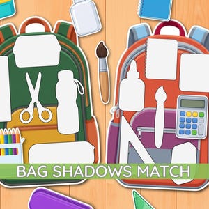 Puede incluir: Un juego de asociación con dos mochilas, una verde y otra naranja, con siluetas blancas de material escolar como tijeras, una calculadora y lápices. El texto BAG SHADOWS MATCH aparece en blanco en la parte inferior de la imagen.