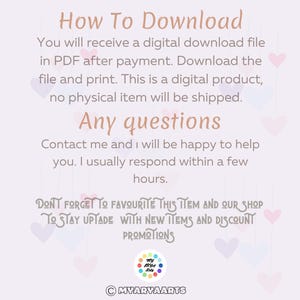 May include: A digital information graphic with a light purple background and small heart icons. The text reads: How To Download, You will receive a digital download file in PDF after payment. Any questions, Contact me. Don't forget to favourite this item.